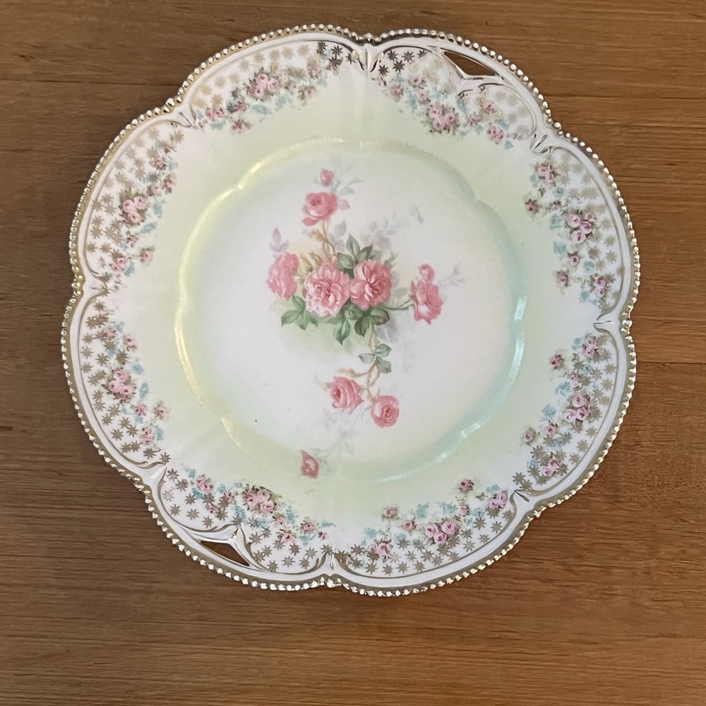 RS Prussia Porcelain Floral Roses Handled Plate Gold Trim Antique 9.5 In Shabby